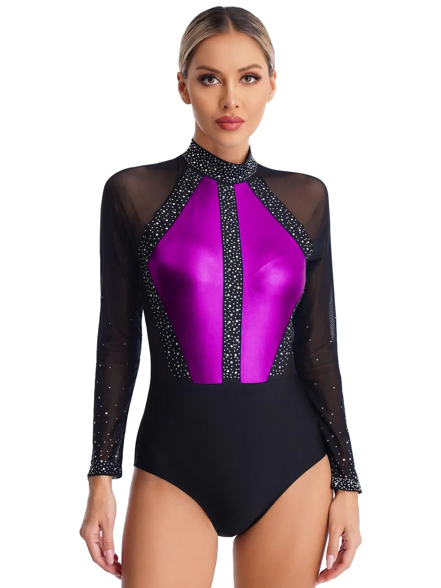 iEFiEL Turnanzug für Damen Langarm Gymnastikbody mit Strass Patchwork Metallic Tanzbody Ballett Trikotanzug Wettbewerb Leotards