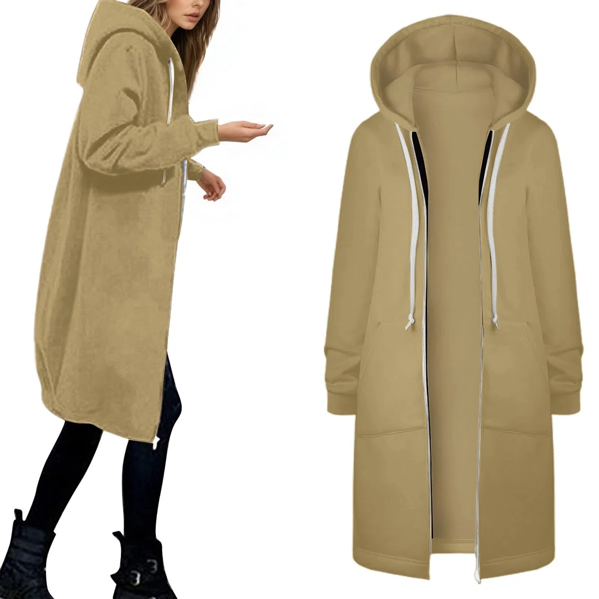 Damen Lange Kapuzenpullover mit Reißverschluss Hoodie Jacke Langarm Pulli Sweatjacke Sweatshirts Streetwear Strickjacke Taschen Kapuzenjacke Lang Kapuze Mantel