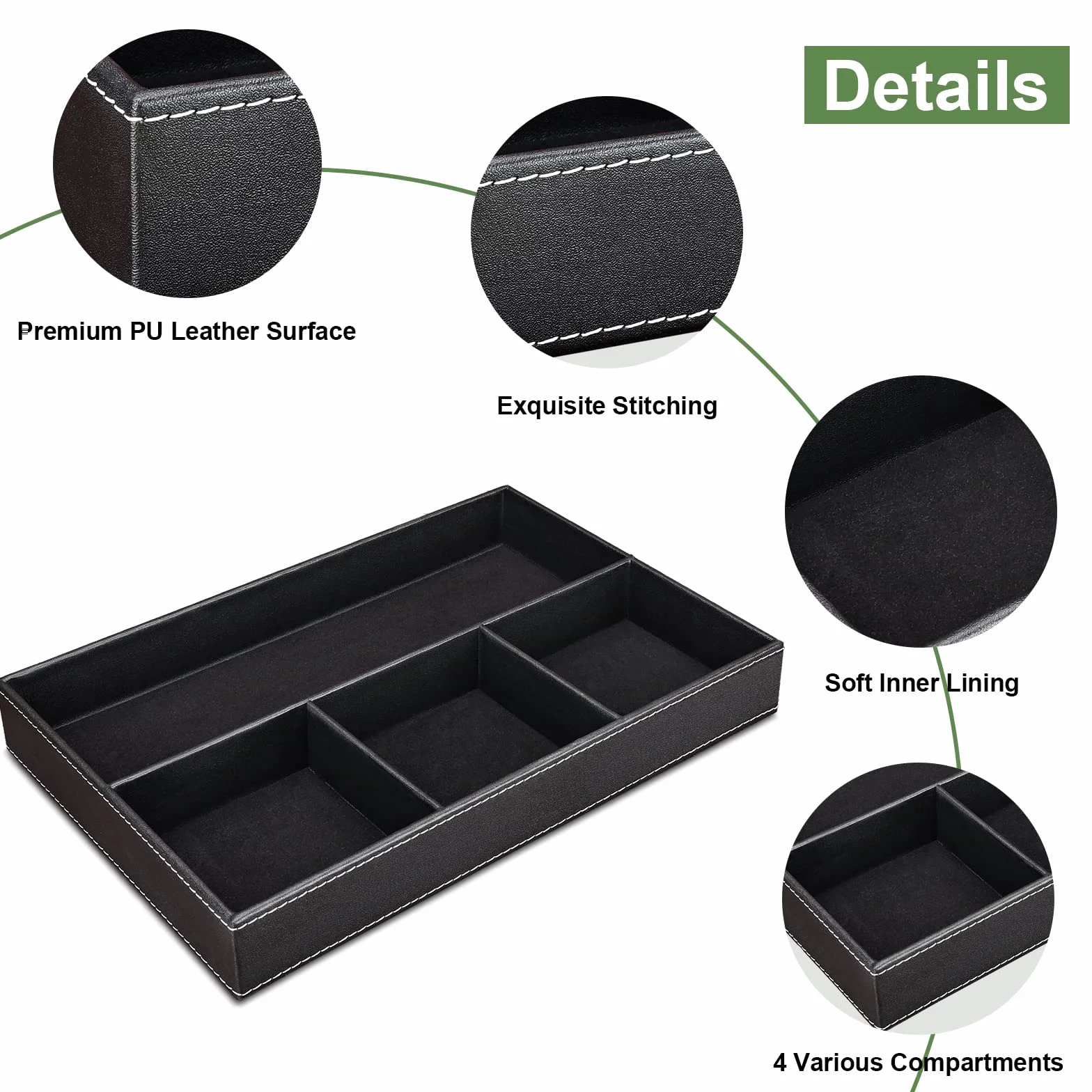 GORESE Valet Tablett, Leder Büro Schublade Schreibtisch Aufbewahrungsbox, Nachttisch Ablageschale, Taschenleerer Organizer Box Stiftablagen für Schlüssel, Schreibwaren, Münzen, Schmuck (Schwarz)