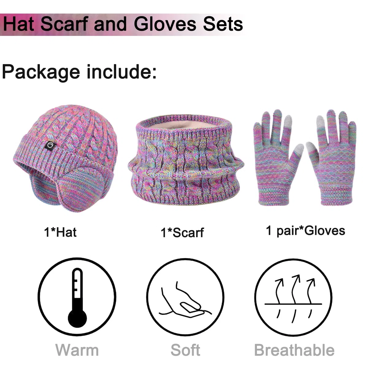 Enwokran Winter Mütze Schal Handschuh Sets Mädchen Strickmütze Warme Mütze Jungen Wintermütze Fleece Winterschal Elastische Beanie Ohrenklappe Hut Schal Touchscreen-Handschuhe Kinder 4-10 Jahre
