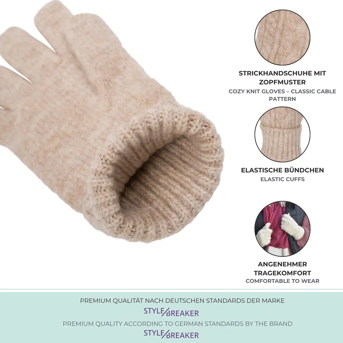 styleBREAKER Damen Strickhandschuhe mit Zopfstrickmuster, warme Winter Fingerhandschuhe, vielseitige Farben 09010051