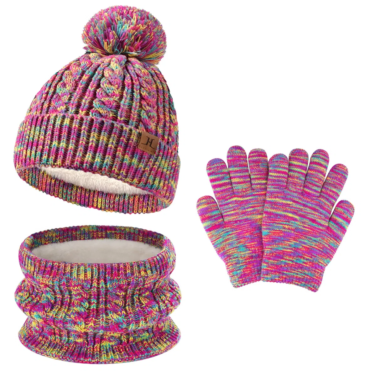 Kinder Winter Pompom Mütze Loop Schal Handschuhe Set, Wintermütze Fäustlinge für 0-4 Jahre Baby Kleinkinder, Strickmütze Touchscreen Handschuhe für 5-8 Jahre Mädchen Jungen