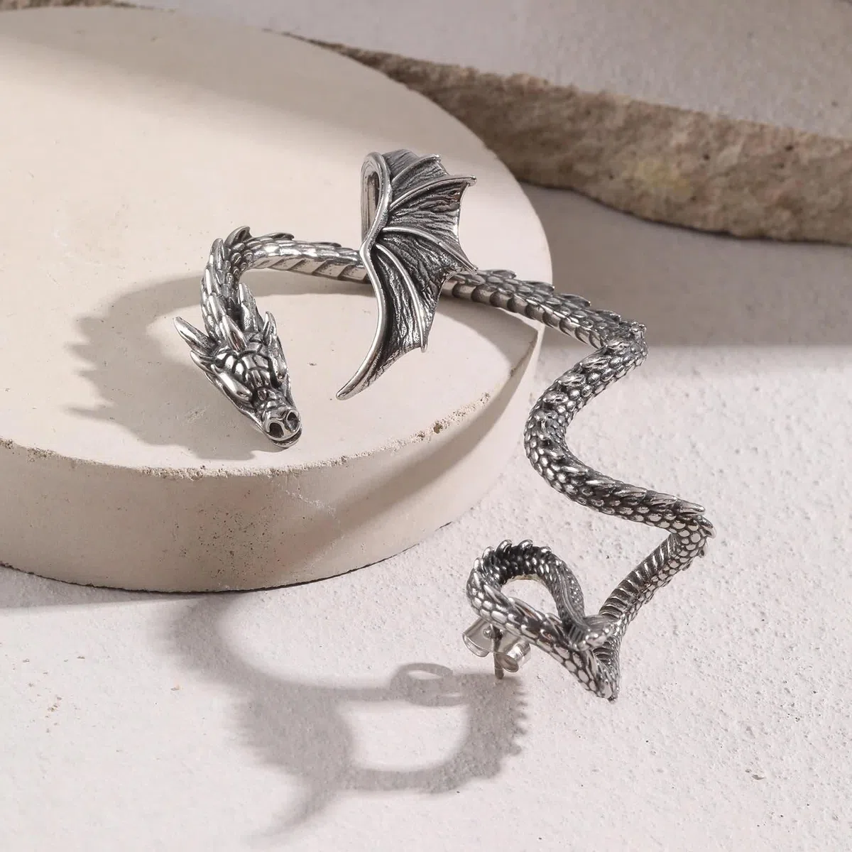 Edelstahl Ohrringe Herren, Drachen Ohrringe Silber Vintage Ohrstecker Männer Punk Ohrmanschette Gothic 1 Stück