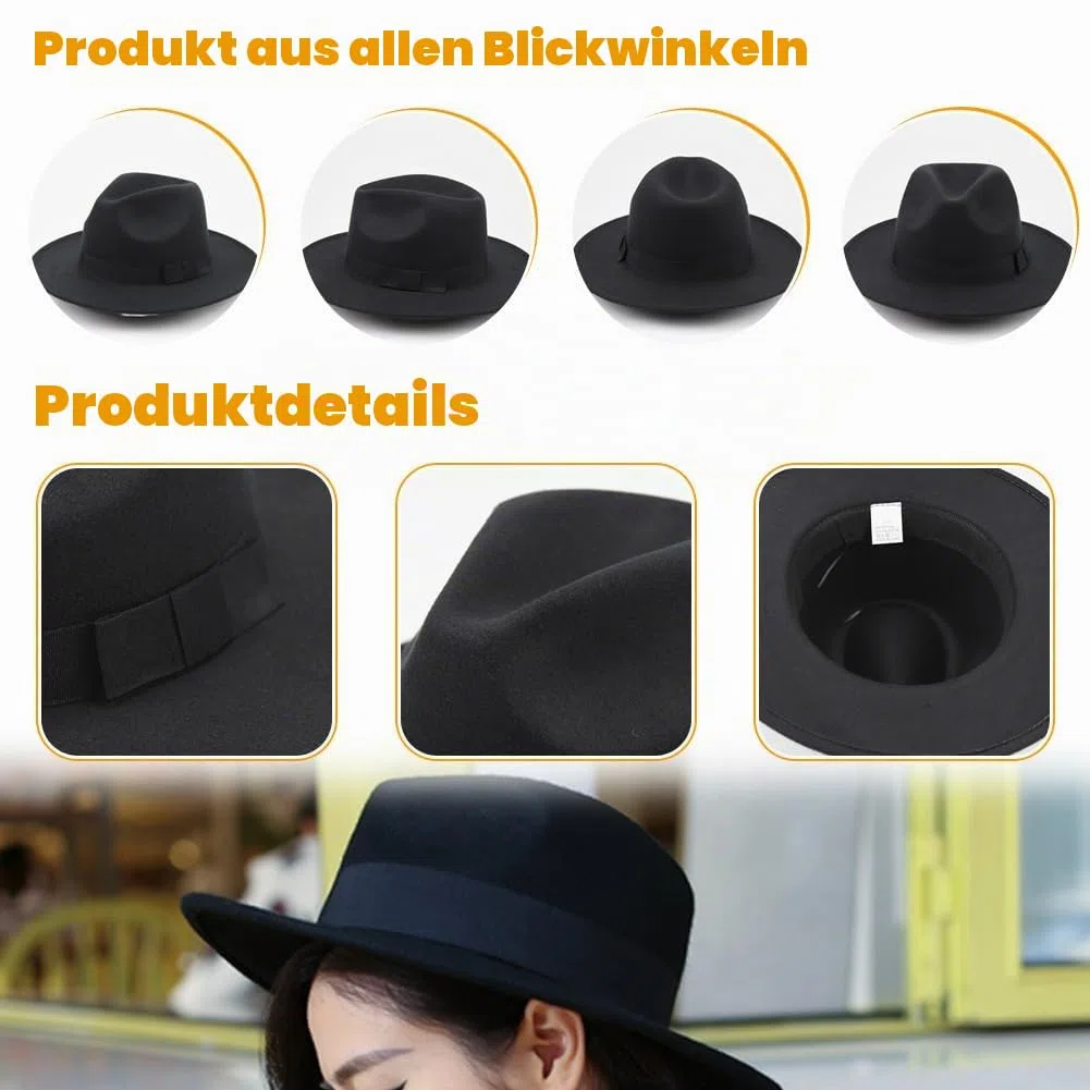 VASANA Schwarze Fedora- und Panama-Hüte, breite Krempe, Schleife, warm, Unisex, Schlapphut für Performance, Party, Show, Cosplay, Hochzeit, Alltag (56-58 cm), Schwarz, M