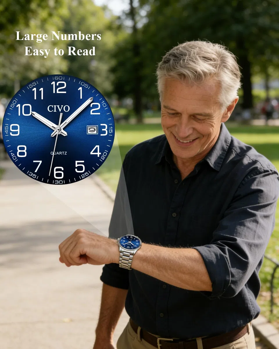 CIVO Silber Herrenuhr Leicht Lesbar: Edelstahl Analog Großes Zifferblatt Wasserdicht - Geschenk für Senioren mit Sehschwäche