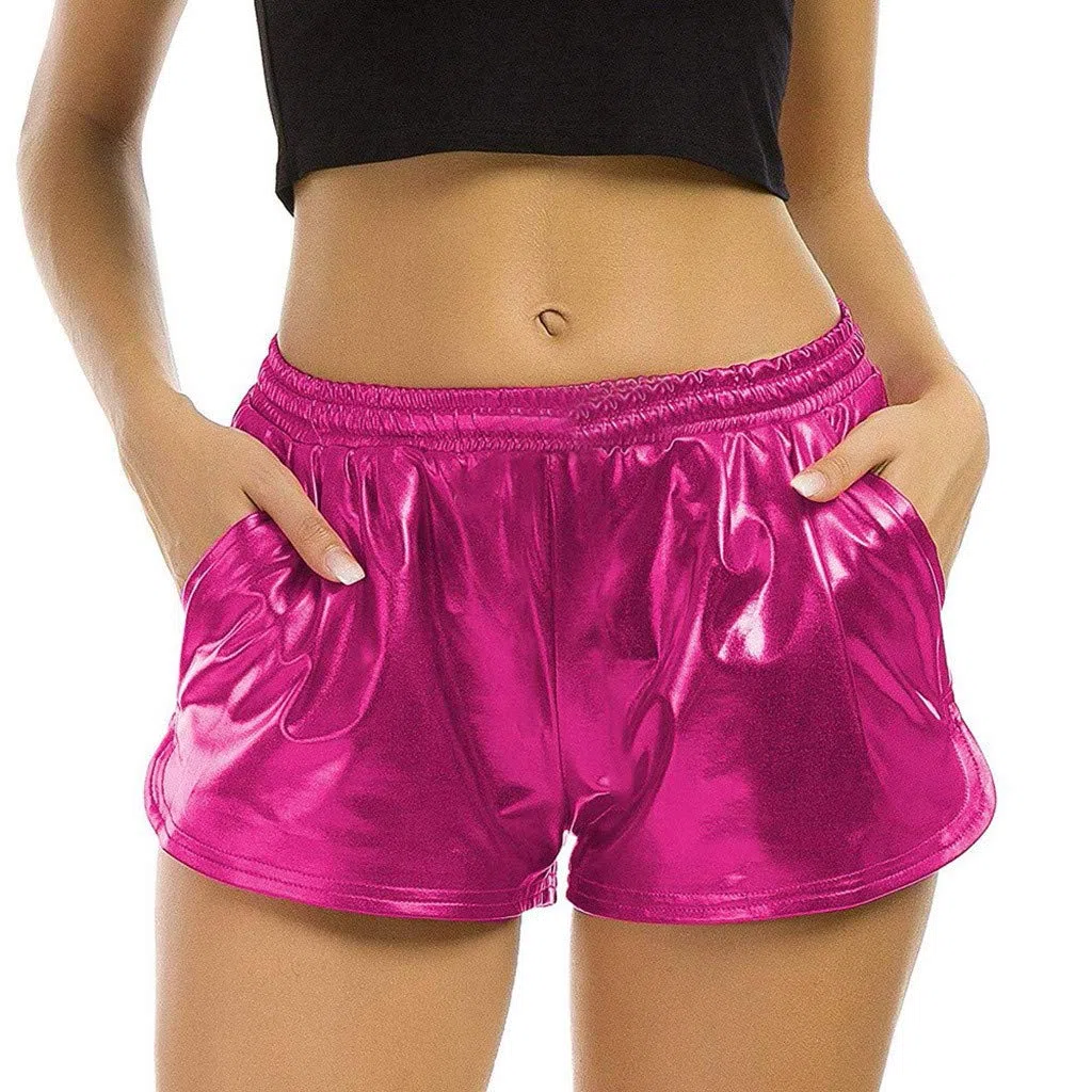 Metallic Shorts Damen Glänzende Elastische Festlich Hotpants Glänzend 90er Jahre Kurze Hose Wet Look Party Disco Clubwear Hip Hop Glitzer Outfit