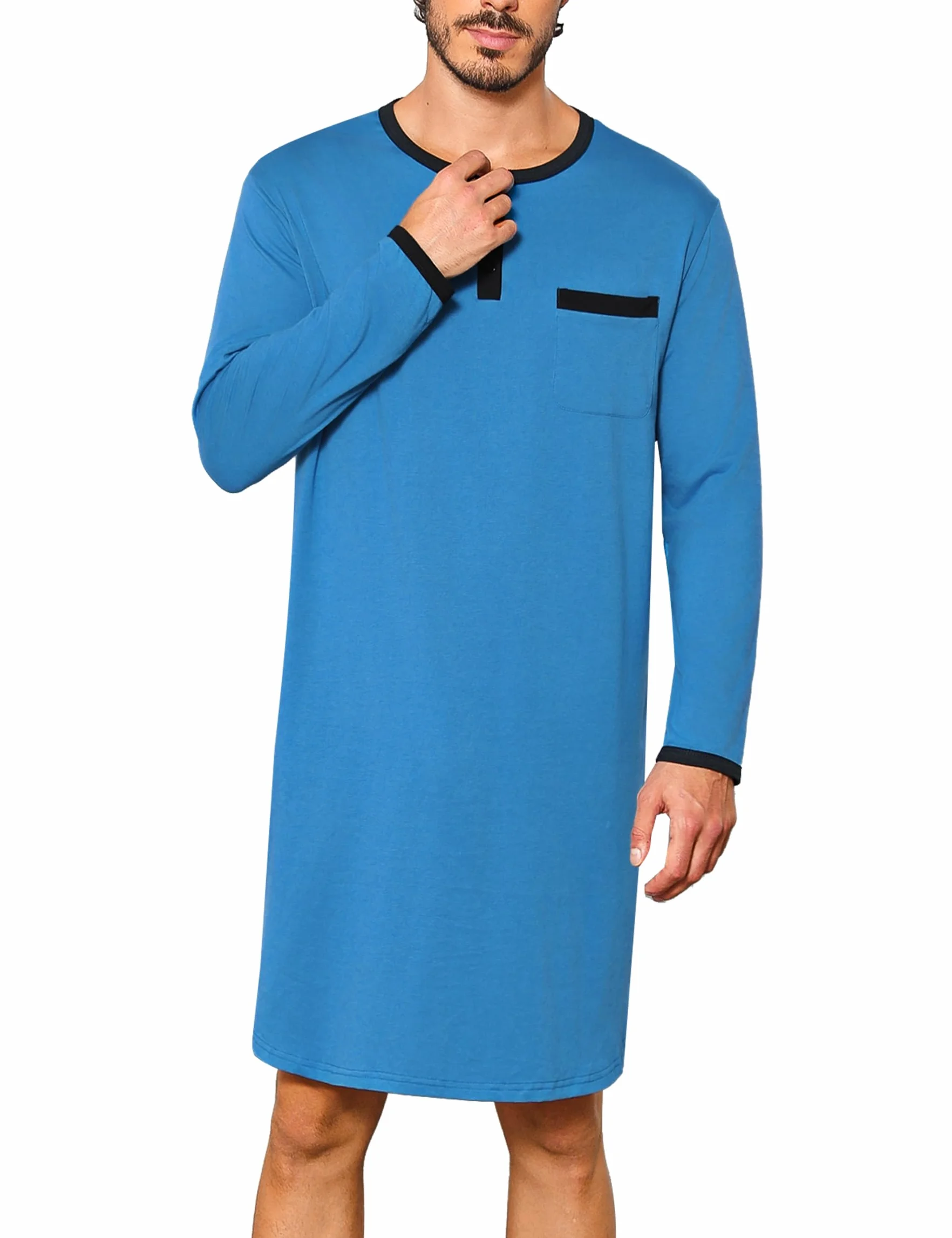 Uniexcosm Nachthemd Herren Langarm Einteiler Schlafshirt Rundhals Einteiliger Schlafanzugoberteile Pyjama Tops Bequem Nachtwäsche Sleepshirt mit Knopfleiste und Brusttasche