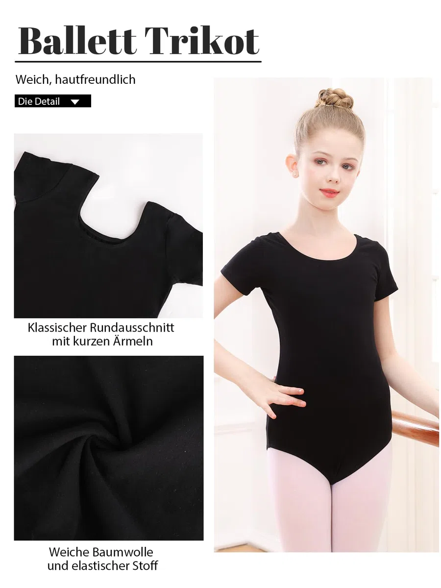 Ballettkleidung Mädchen Ballett Trikot Kinder Ballettanzug Kurzarm Ballett Body Tanzbody Baumwolle Turnanzug Gymnastikanzug für Mädchen Damen Gr.100-170