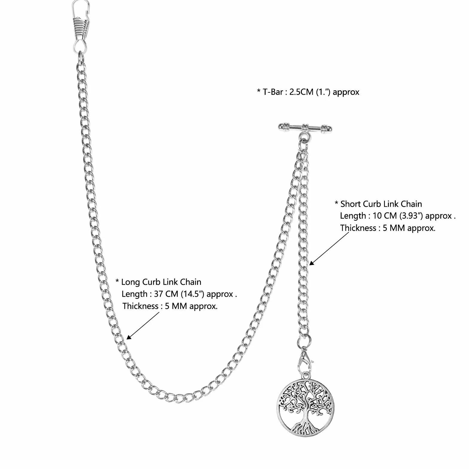 TREEWETO Taschenuhrkette mit T Bar Endstück Albert T-Bar Taschenuhr Kette mit Antiker Lebensbaum Anhänger und 2 Haken für Weste Knopfloch
