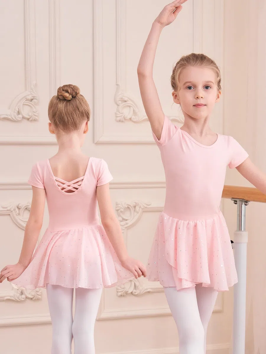 Kinder Ballettkleidung Mädchen Ballettkleid Baumwolle Kurzarm Ballettanzug Mädchen Tanzkleid Balletttrikot mit Glitzerndes Chiffon Rock Tütü 2-11 Jahre
