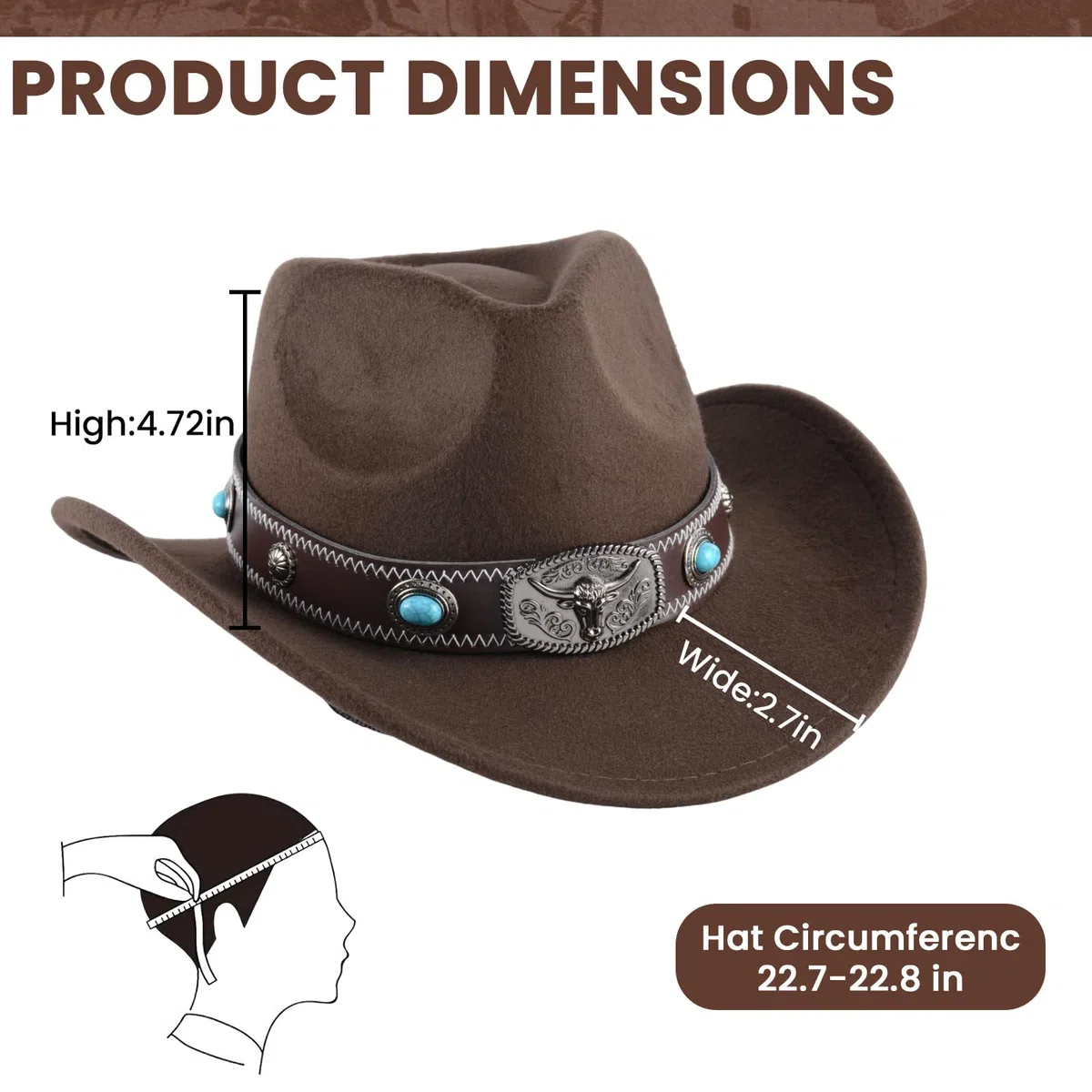 Klassischer Westernhut für Damen und Herren – Einfarbiger Cowboyhut mit Stierkopf-Dekor, Vintage Jazzhut für Erwachsene im Cowgirl- und Western-Stil (Braun B)