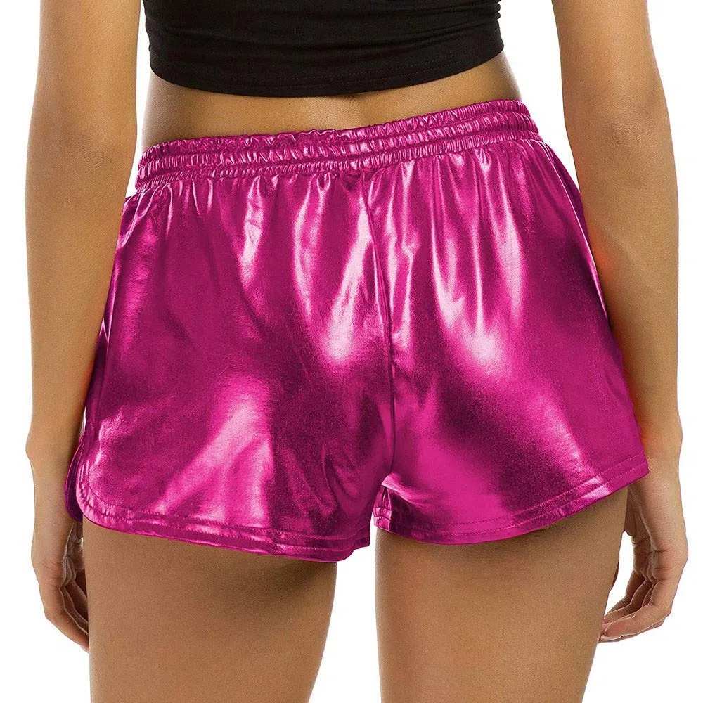 Metallic Shorts Damen Glänzende Elastische Festlich Hotpants Glänzend 90er Jahre Kurze Hose Wet Look Party Disco Clubwear Hip Hop Glitzer Outfit