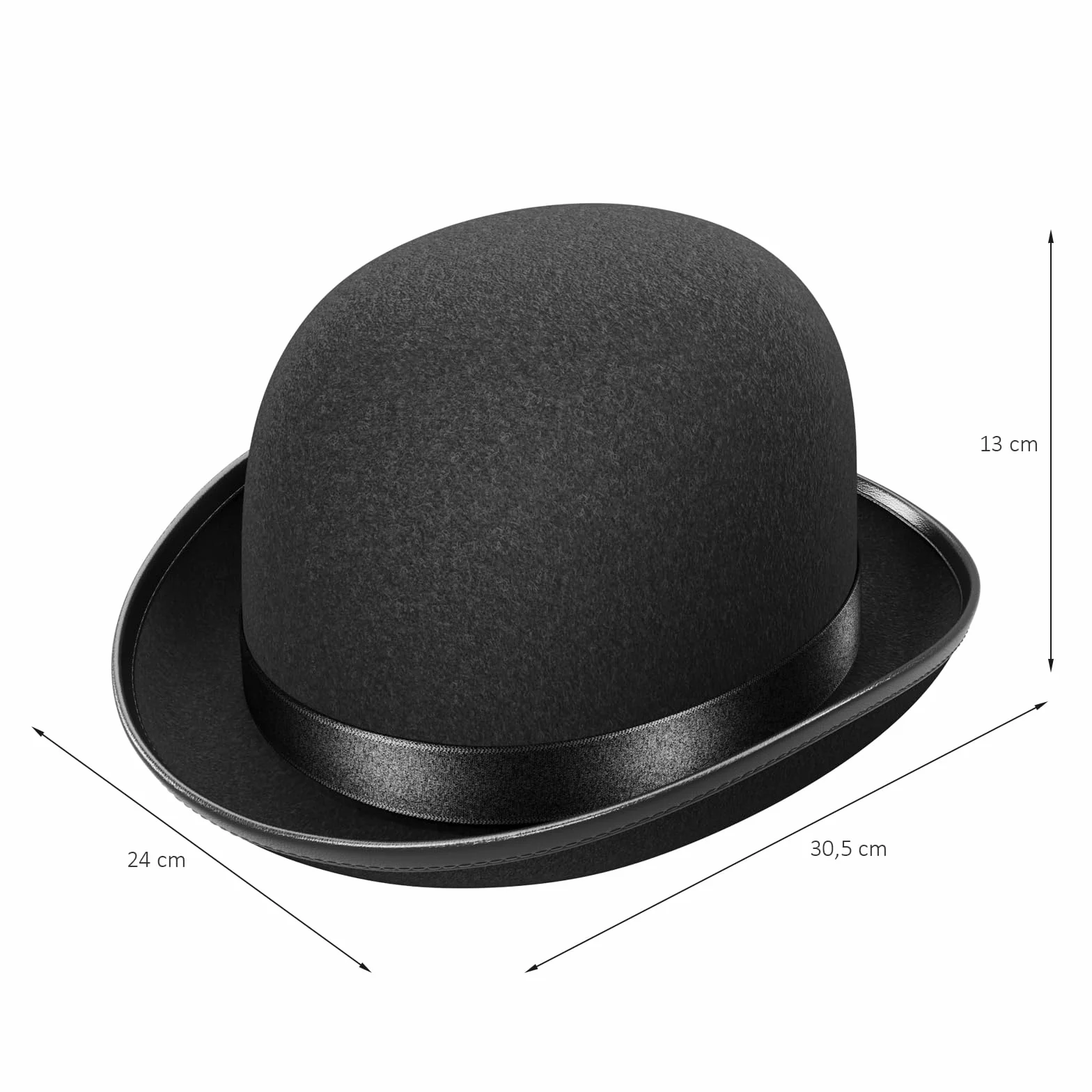WELLGRO 4x Hut Melone schwarz für Erwachsene, Bowler mit Satinband, 30,5 x 24 x 13 cm (LxBxH)