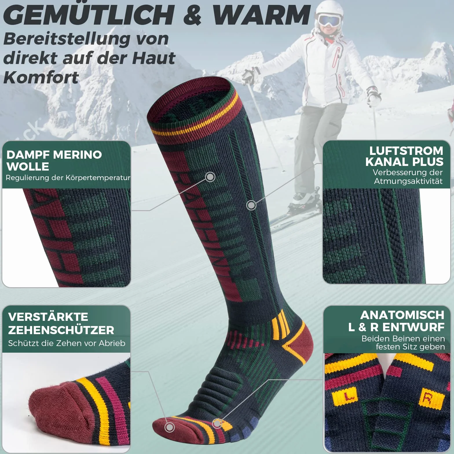 Rahhint Skisocken aus Merinowolle Thermosocken Wintersocken Warme Dicke Kniestrümpfe Kompressions Snowboardsocken, Kniehohe,für Herren und Damen, Größe 35-51，2 Paar