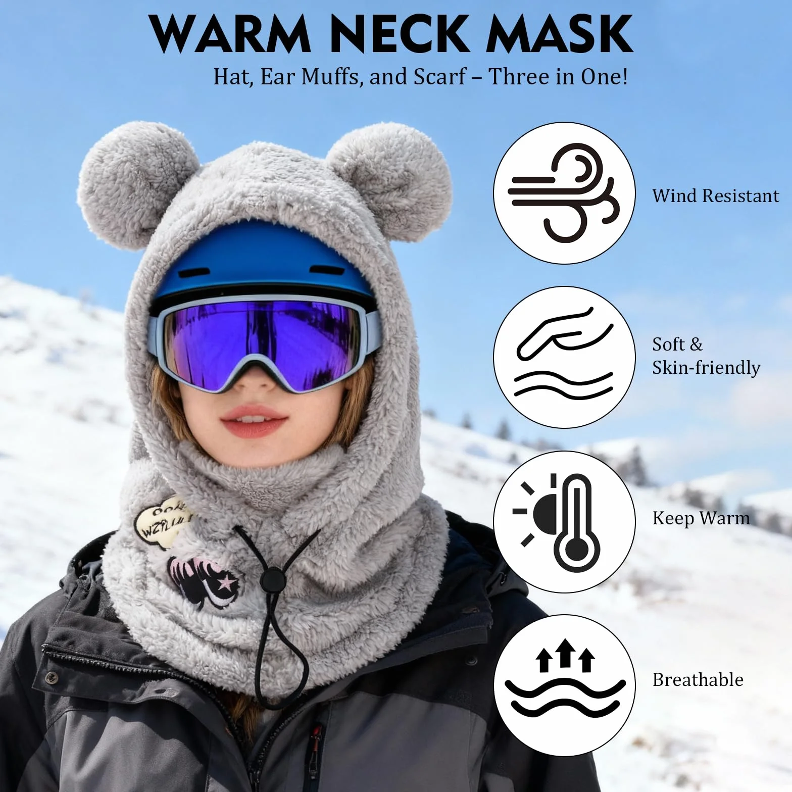 PHOGARY Balaclava für Damen, Plüsch Sturmhaube Mütze, Winter Frauen Skimaske Skimütze, Herren Damen warme Wintermütze Mütze Schal, Panda Balaclava, Grau
