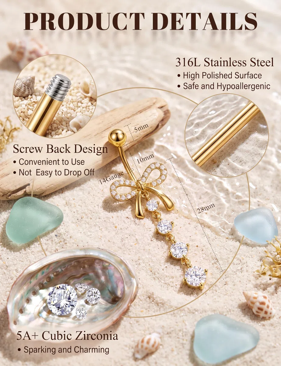Milacolato 8er Set Bauchnabelpiercing Gold&Silber, 3 Kurze Stäbe Bauchnabelpiercing 10mm, 5 Hängende Bauchnabelpiercings Chirurgenstahl Hypoallergen Herz Schmetterling Blume Bauchpiercing für Damen