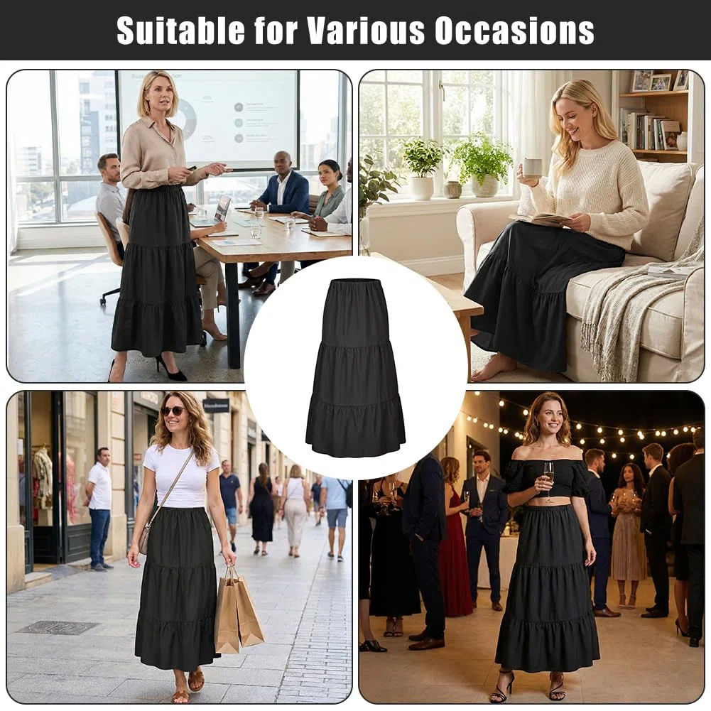 Röcke für Damen mit Taschen - Basic Solid A-Line Elegante Plisseerock Knielang Skater Röcke, Boho Maxirock Casual Elastischer Bund Lang Hohe Sommerrock Langrock, Schwarz