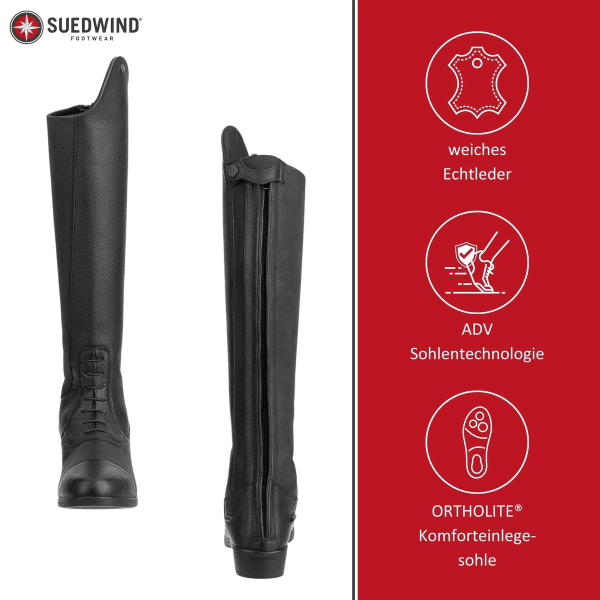 SUEDWIND FOOTWEAR Leder Reitstiefel für Damen Advanced II Tall Soft – Lederstiefel zum Reiten – Stiefel mit Schnürung, Reißverschluss & Ortholite-Innensohle – schwarz – Größe 37-43