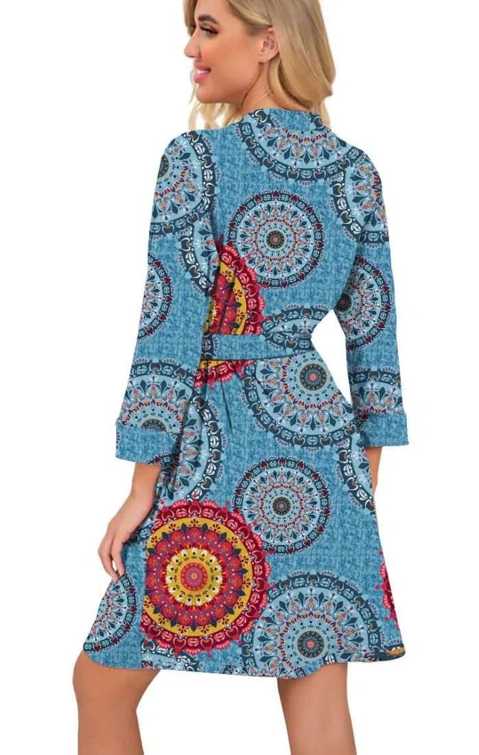 PrinStory Bademantel Für Damen Leichter 3/4 Ärmeln Morgenmantel Kimono Roben Kurz Nachtwäsche