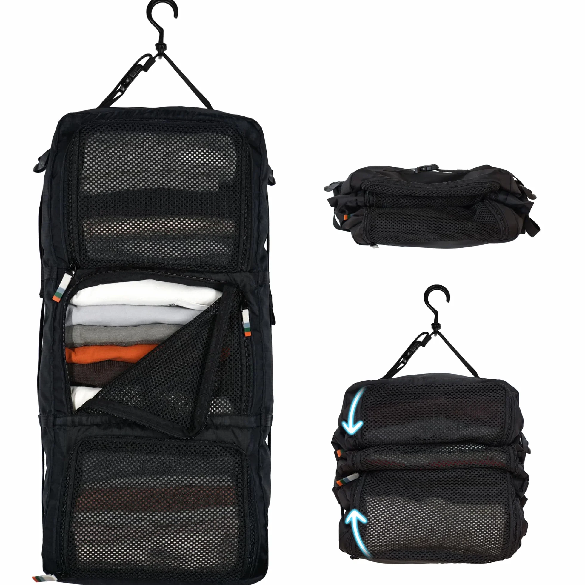 TRAVEL DUDE Hanging Packing Cube mit Kompression aus recycelten Plastikflaschen, Hängende Packwürfel für Rucksack, Reise Regal, Tragbare Packtaschen als Koffer Organizer und Zubehör in Schwarz