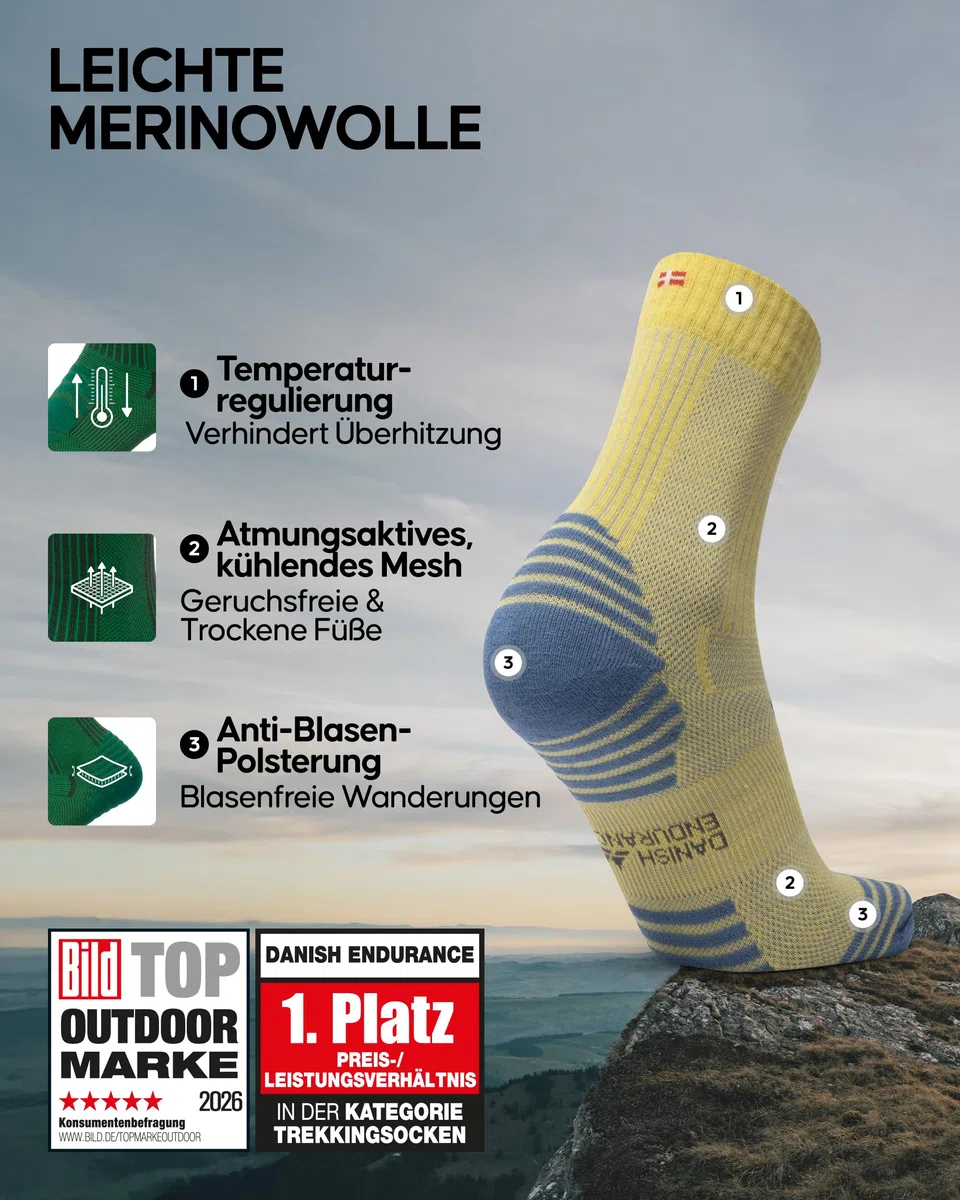 DANISH ENDURANCE Leichte Merino Wolle Wandersocken, Warme Wollsocken, Thermo Merino Socken, Gepolstert, Atmungsaktiv, Unisex, für Herren & Damen