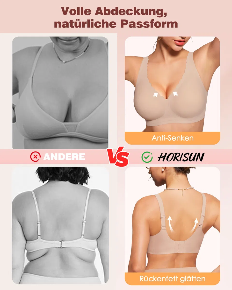 HORISUN Eleganter Bügelloser BH Damen Nahtloser Push Up V-Ausschnitt mit Wellrand T-Shirt BH Gepolsterte Körbchen Verstellbare Träger Jelly BH Alltag