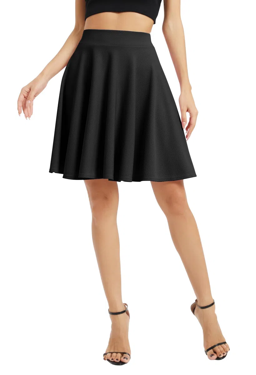 Damen Elegante Elastische Taille Ausgestellte A-Linie Midi Rock Basic Uniform Plissee Skater Röcke