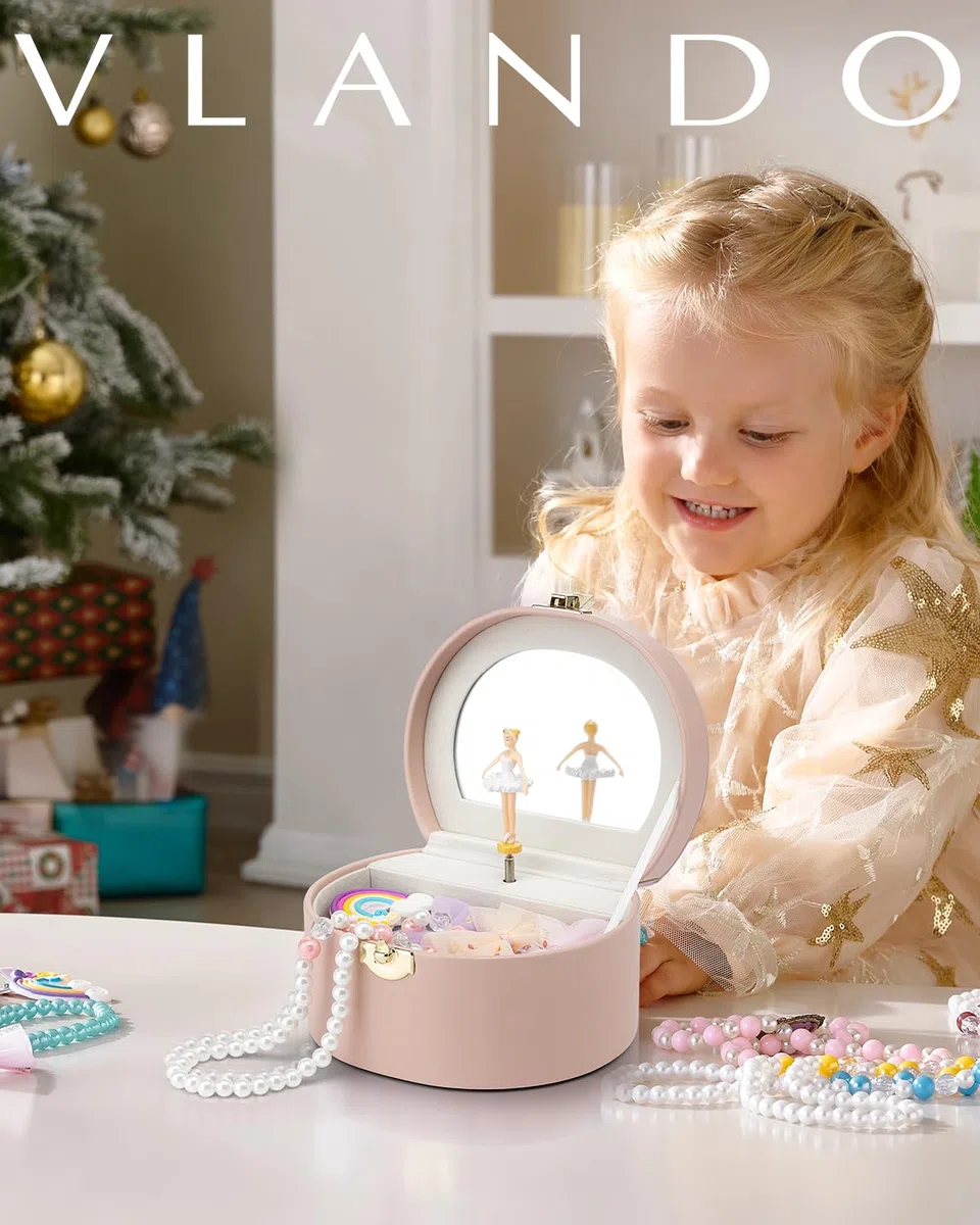 VLANDO Spieluhr Schmuckkästchen Mädchen mit Ballerina, Tragbar Schmuckkasten Schmuckdose für Kinder, Schmuck Organizer mit Spiegel, Spielzeug Geschenke 4 5 Jahre, mit Süßem Aufkleber