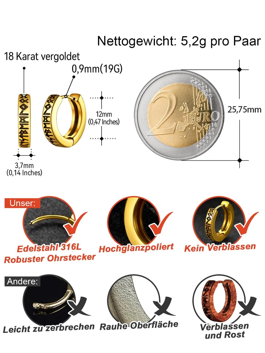 FaithHeart Wikinger Rune Ohrstecker für Herren Damen Edelstah Nordischer Wikinger Rune Creolen Ohrstecker Punk Stil Piercing Ohrschmuck mit Geshenkebox für Freunden Ehemann