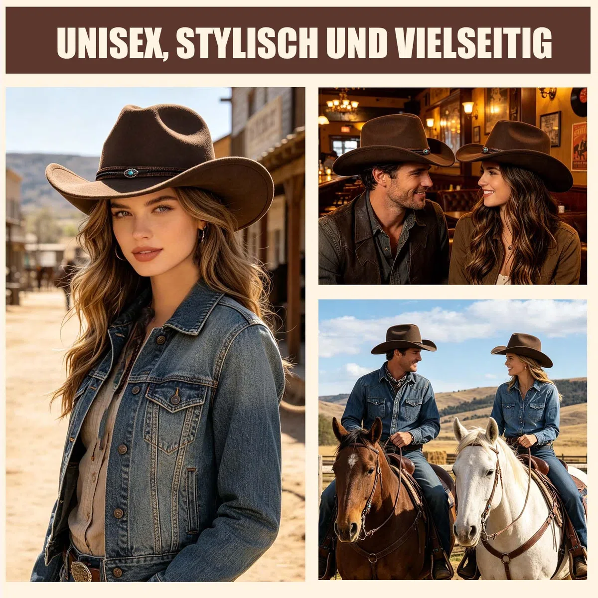 SIGONE Unisex Cowboy-Filzhut in Kaffebraun im Westernstil, Außenhut mit Breitem Rand, Verstellbarem Rückenband, Klassischer Cowboyhut für Männer und Frauen für Outdoor-Aktivitäten