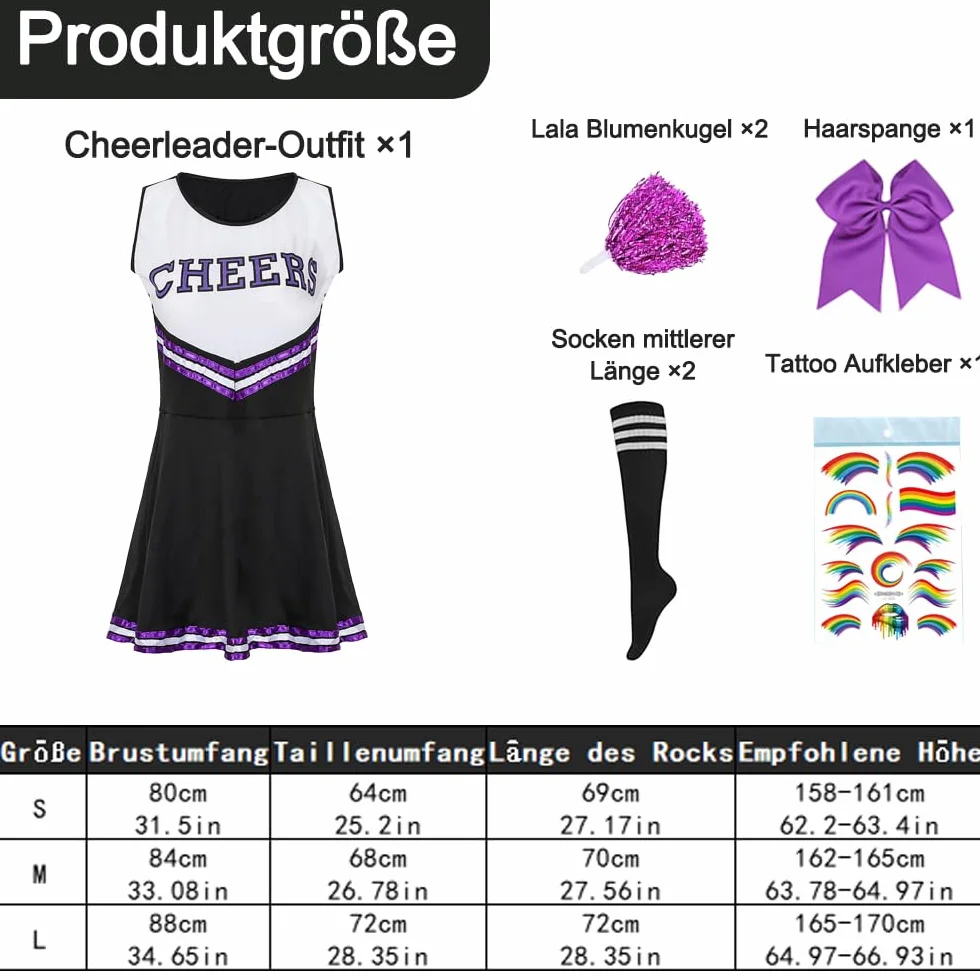 PASLFC Cheerleader Kostüm Damen für Erwachsene,Cheerleading outfit,Cheerleadering Outfit,High school musical cheerleader kostüm,Cheerleader Pompoms für Karneval Party Cosplay Fasching Halloween