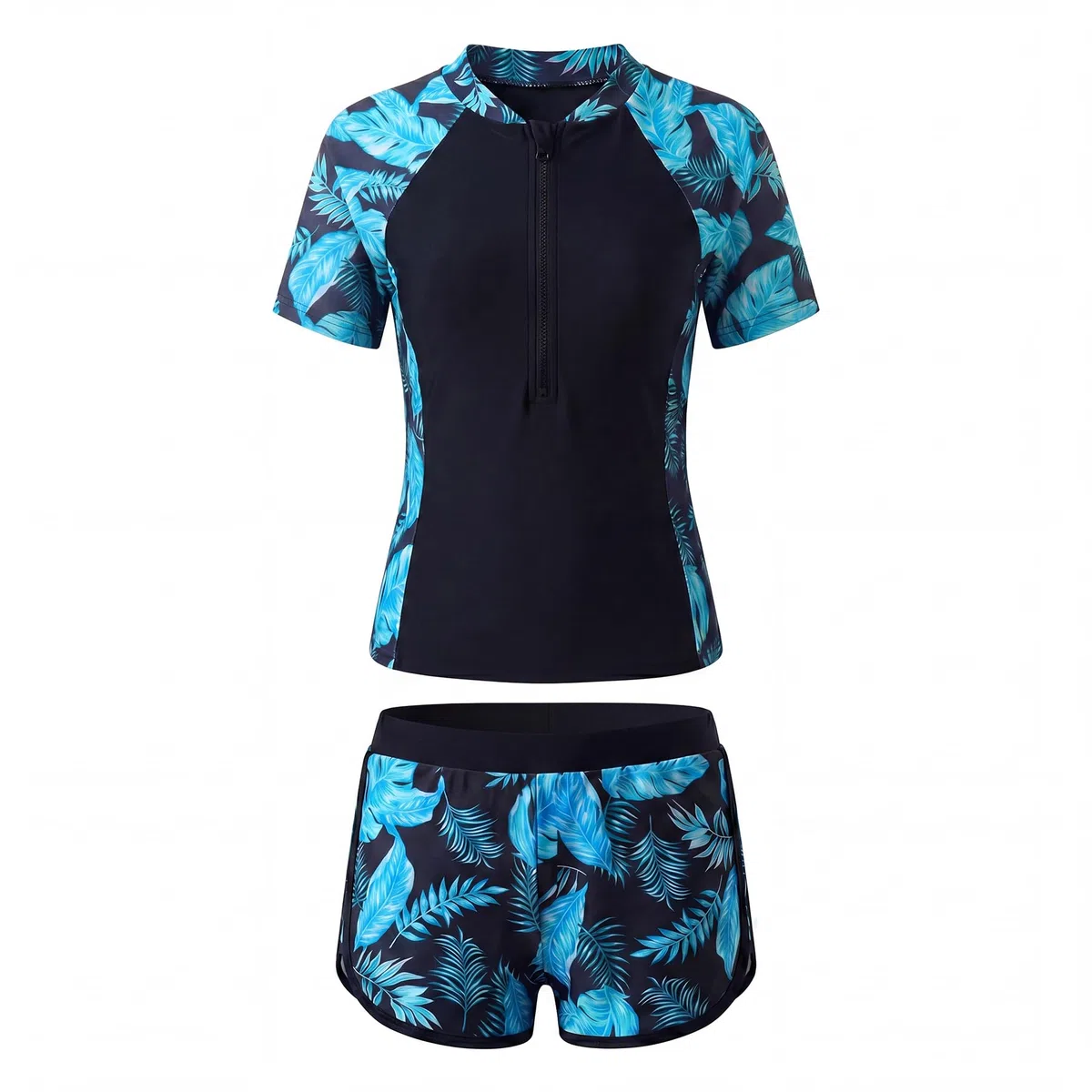 Badeanzug Mädchen Zweiteiliger Rashguard Set Kurzarm Schwimmanzug mit Soft-Pads Badeshirt & Badeshorts UV Sonnenschutz Zip Schwimmshirt Badebekleidung für Kinder 5-14 Jahre