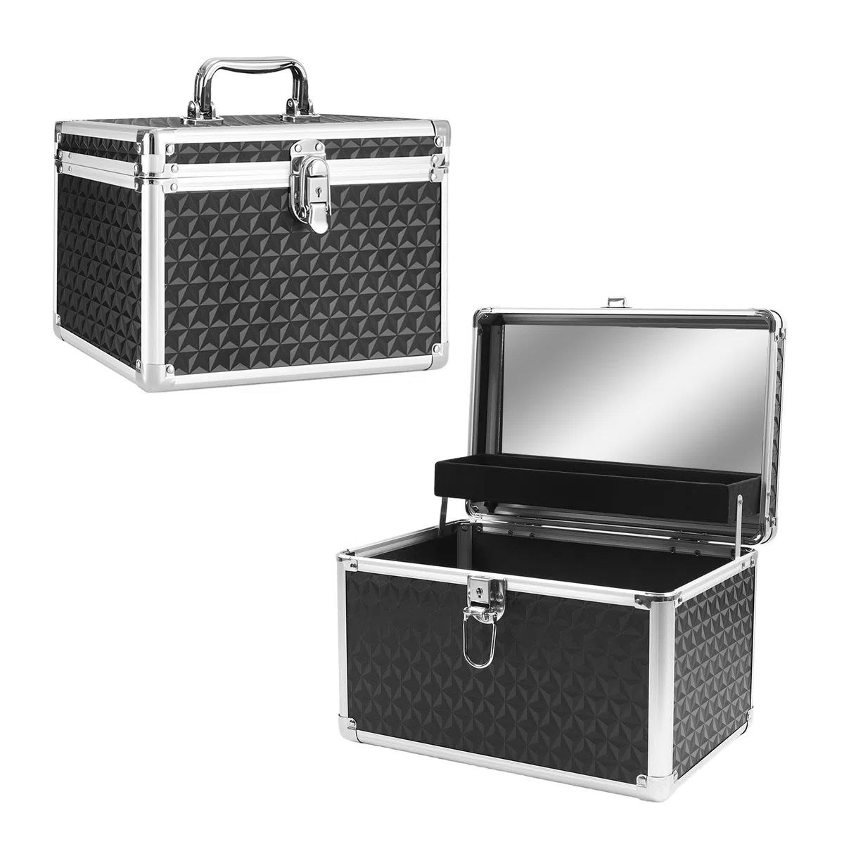 Kosmetikkoffer Hartschale mit Spiegel, Schminkkoffer Leer mit Schloss & Schlüssel, Schwarz Tragbarer Etagenkoffer Make Up Koffer Multikoffer, 23 x 15 x 15 cm