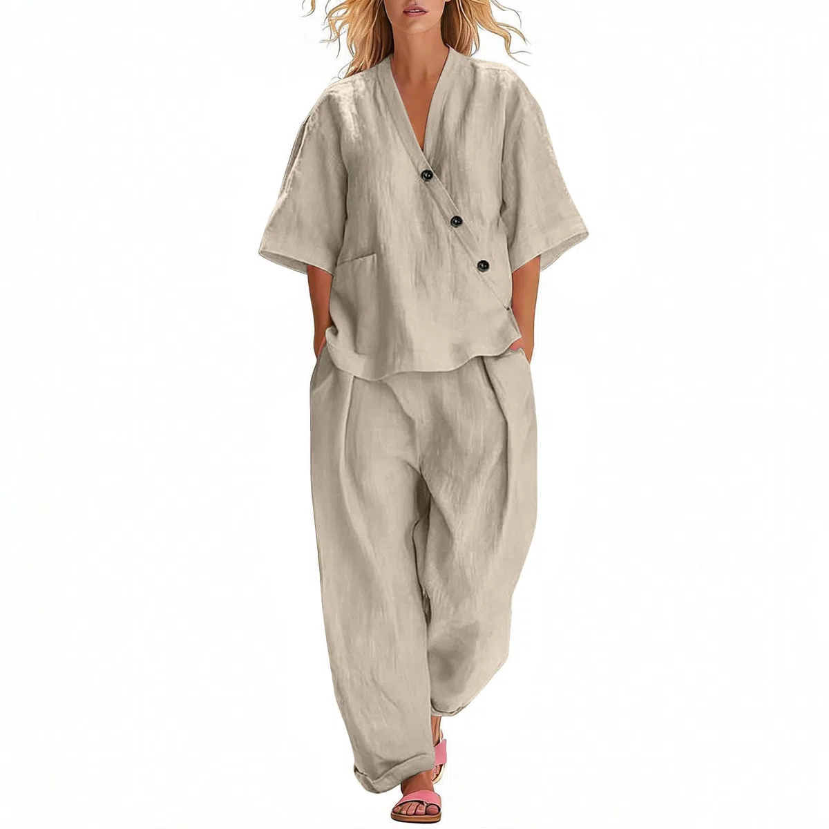 Leinenanzug Damen Sommer Leinen Bluse und Lange Weite Hose, Leinen Set Hausanzug Kuschelig 2 Teiler Einfarbig Sport Outfit Lounge Set Hosenanzug Elegant 2 Teilig Große Größen Leinenanzug mit Taschen