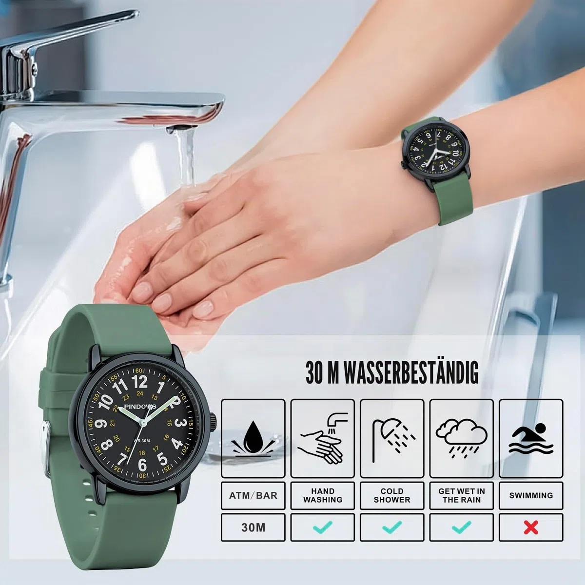 PINDOWS Analoge Quarzarmbanduhr Silikonband für Damen, Junge Damen und Studierende; leicht ablesbar, wasserfest, Unisex-Armbanduhr, leuchtendes Zifferblatt.