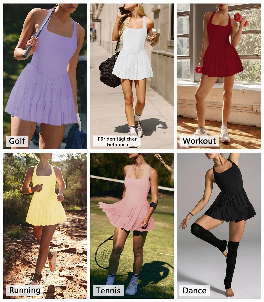 Damen-Tenniskleid, fließend, plissiert, Rüschen, athletisches Kleid für Damen, Neckholder, ärmellos, Sommer, Mini-Golfkleid mit Shorts-Tasche