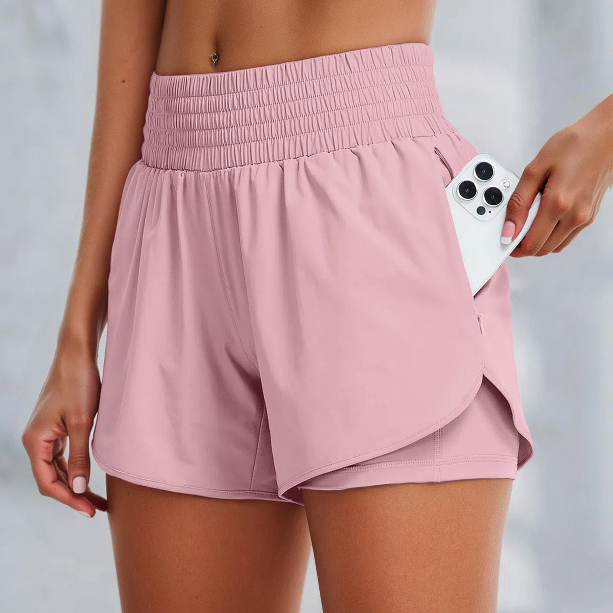 Damen 2 In 1 Laufshorts Running Shorts Beiläufige Elastisch Kurze Hosen Mit Taschen Workout Sportrock Elastischer Bund Mit Innenfutter Schnelltrocknende Hose Fitness Yoga Jogging Training Sporthose