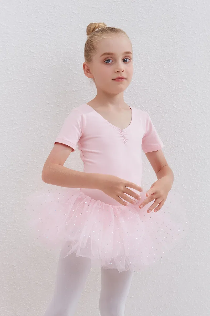 Kinder Ballettkleidung Ballettkleid Mädchen Glitzernder Balletttrikot Baumwolle Ballettanzug Tanzkleid Tanzbody mit Glänzendem Rock Tütü