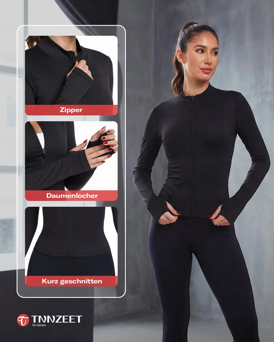 TNNZEET Sportjacke Damen Laufjacke Gym Tops Oberteil Yoga Langarm Sport Tshirt Fitness Trainingsjacke mit Daumenloch Reißverschluss