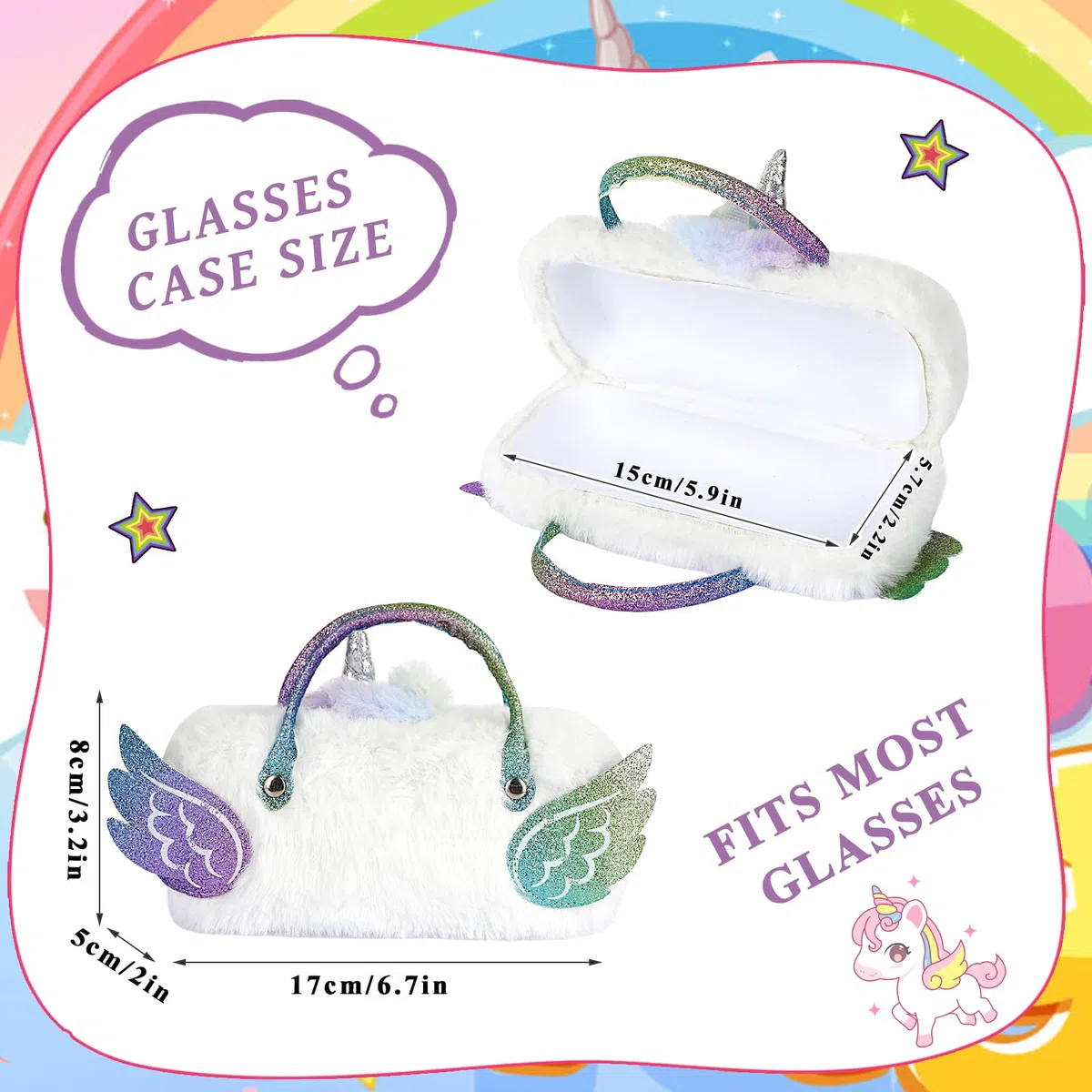 Brillenetui Kinder mit Sonnenbrille Mädchen, Plüsch Einhorn Sonnenbrillenetui mit Griffen Brillenhülle, Regenbogen UV-Schut Sonnenbrille Partybrillen Sonnenbrille für Kinder Mädchen Junge