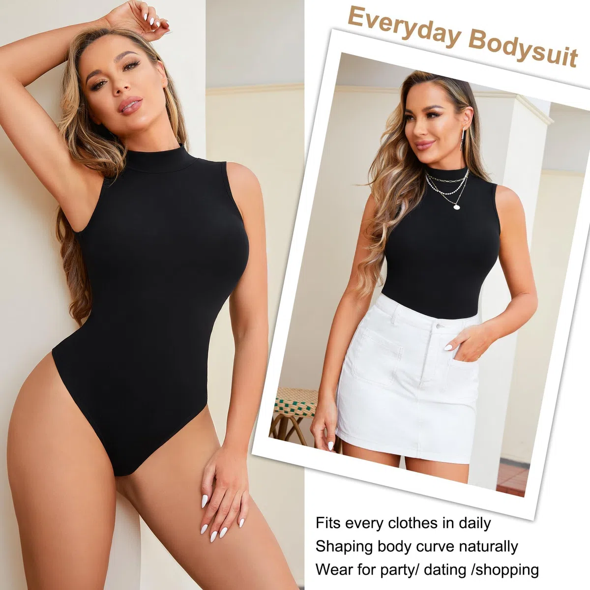 Shen&Qege Damen Bodysuit mit String ärmellos Mock-Turtleneck elastisch Basic Bodysuit-Oberteil
