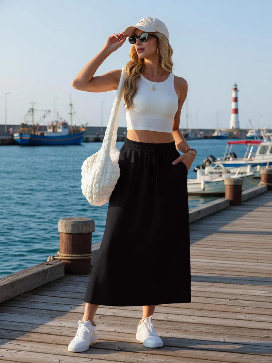 GRECERELLE Rock Damen mit Taschen Elastischer Bund Maxirock Damen Lang A-Linie Sommerrock Damen Midi aus Modal-Mix Casual Rock für Alltag & Urlaub