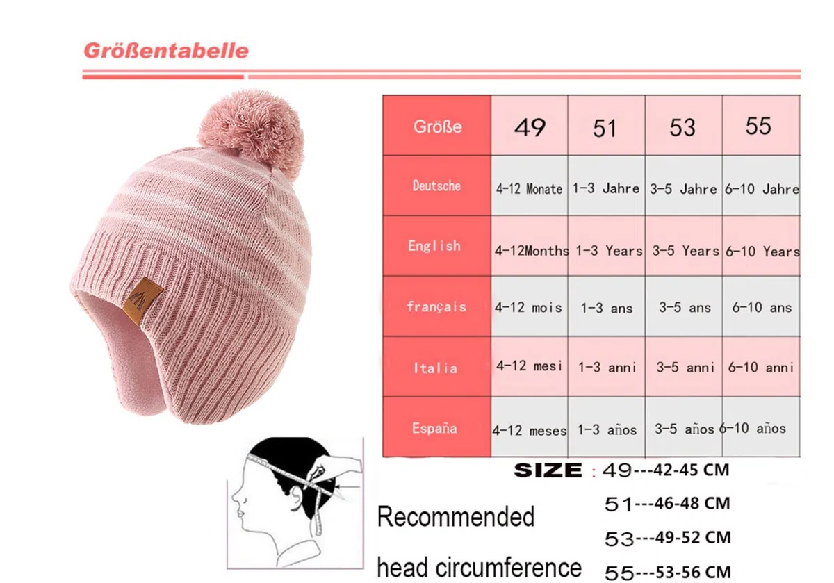 Wintermütze Mädchen Kinder Beanie Earflap Pompon Baby Strickmütze Mädchen