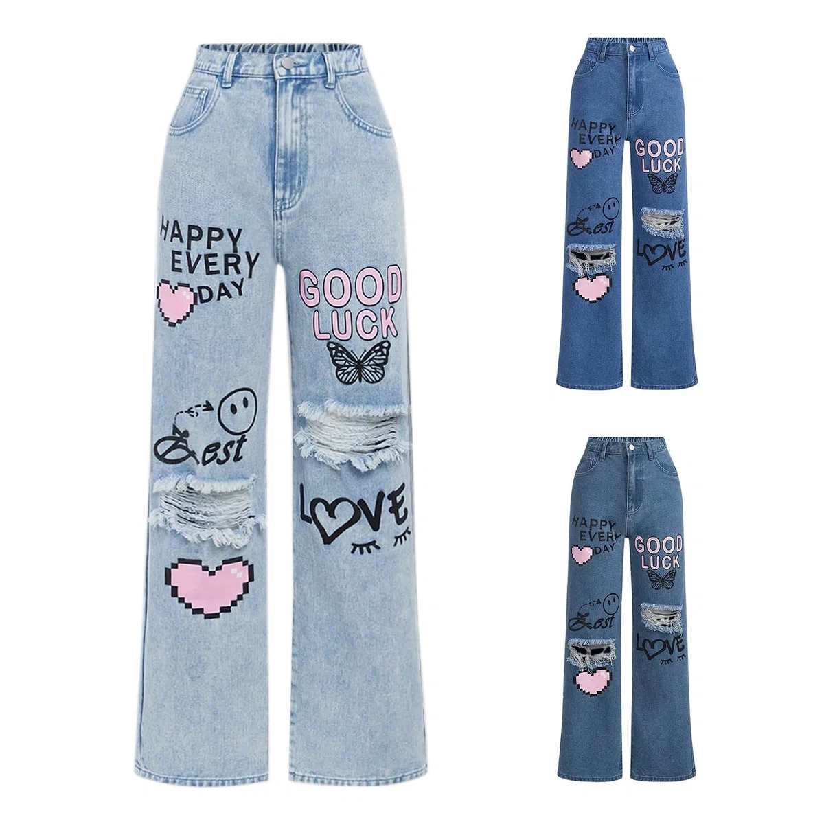 Baggy Jeans Mädchen Y2k Druck Zerrissene Jeanshose mit Taschen Weite Bein Hip Hop Grafik Denim Hosen für Kinder Mädchen Hohe Taille Weiche Freizeithose