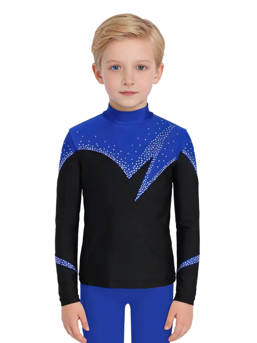 Linjinx Jungen Langarm Hemden Glitzer Strass Latein Tanzshirt Eiskunstlauf T-Shirt Oberteil Eng Gymnastikanzug Wettbewerb Tanzkostüm