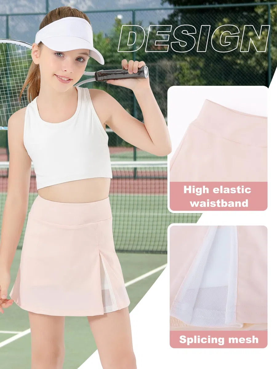 Mädchen-Tennisrock mit Shorts-Tasche, hohe Taille, athletischer Skort für Kinder, Netzstoff, A-Linie, Röcke für Golf, Laufen