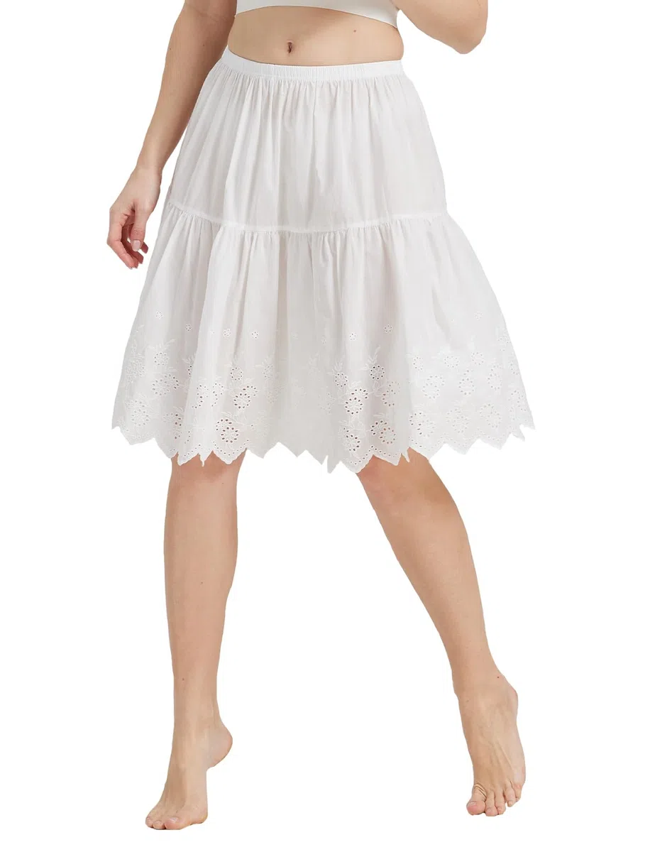 BEAUTELICATE Unterrock Damen 100% Baumwolle Vintage Petticoat Unterrock Lang Kurz Halbrock mit Spitze Stickerei für Dirndl 50er Jahre Rock Ivory Schwarz 55cm