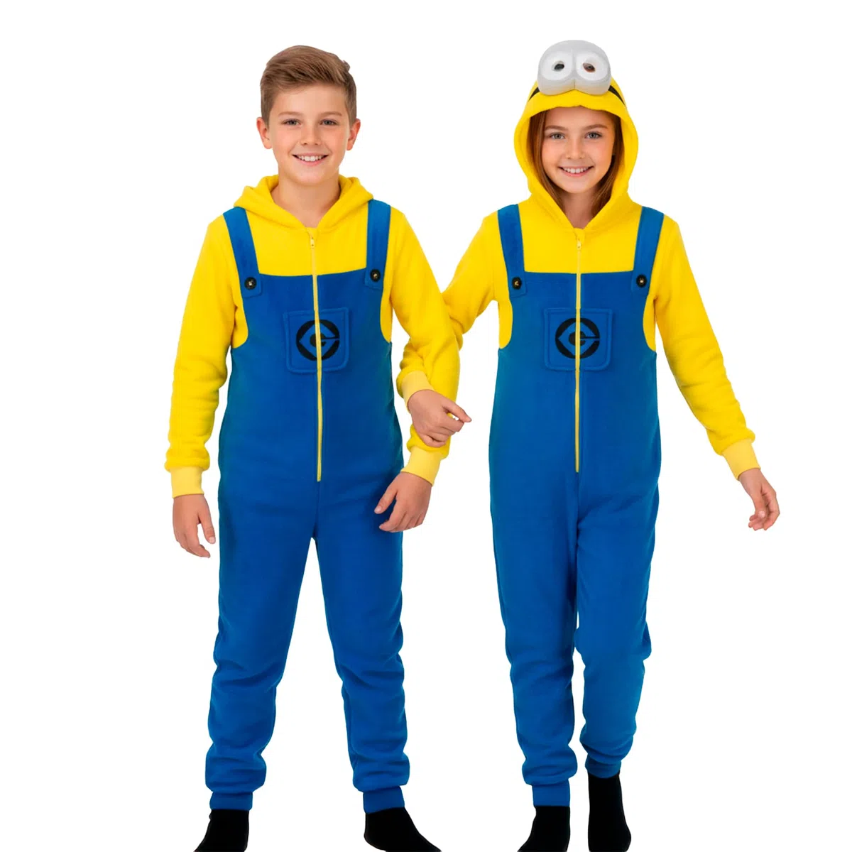 United Labels Minions Kostüm für Kinder, Gelb Blau, Jumpsuit Unisex, Overall mit Kapuze, Einteiler für Karneval Mottoparty