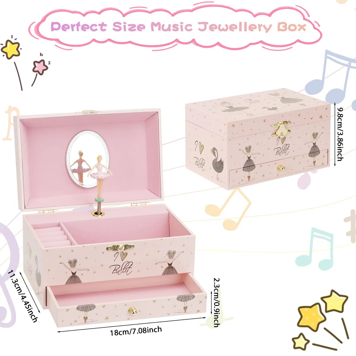 Schmuckkästchen Mädchen, Spieldose mit Ballerinamädchen, Schmuckaufbewahrung Kostenlos für Halskette Armband Ohrclip Ring, Mit Spiegel Schubladen Musik Schmuckbox, Kindergeburtstagsgeschenk Set 3-10