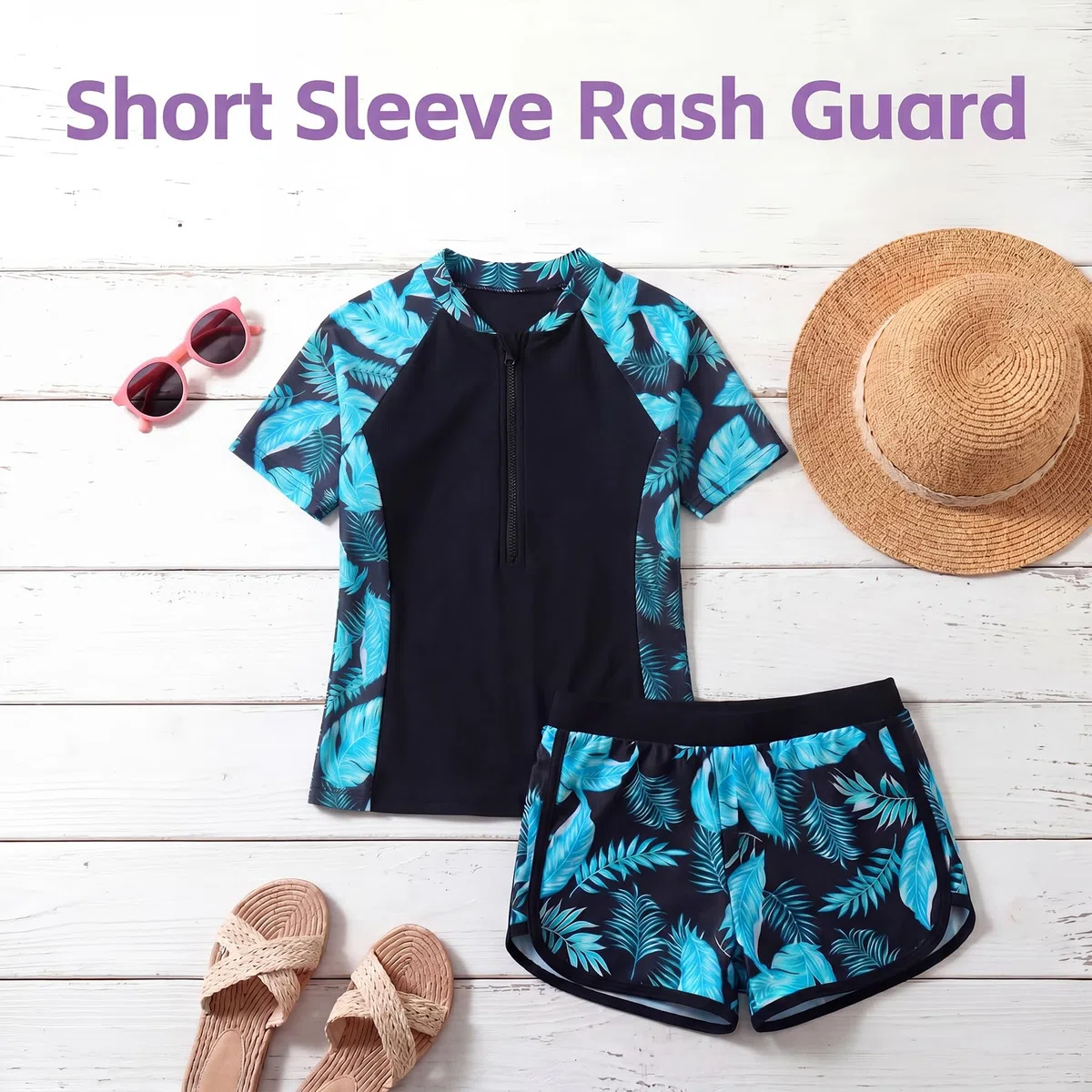Badeanzug Mädchen Zweiteiliger Rashguard Set Kurzarm Schwimmanzug mit Soft-Pads Badeshirt & Badeshorts UV Sonnenschutz Zip Schwimmshirt Badebekleidung für Kinder 5-14 Jahre